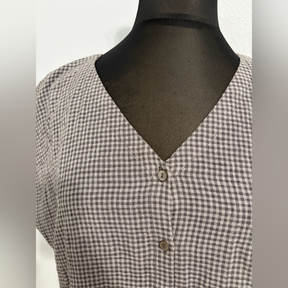 Eileen Fisher Gray and White Gingham Button-Front Top
